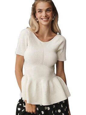 NWT Maeve by Anthropologie White Ribbed Peplum Sweater Top Size